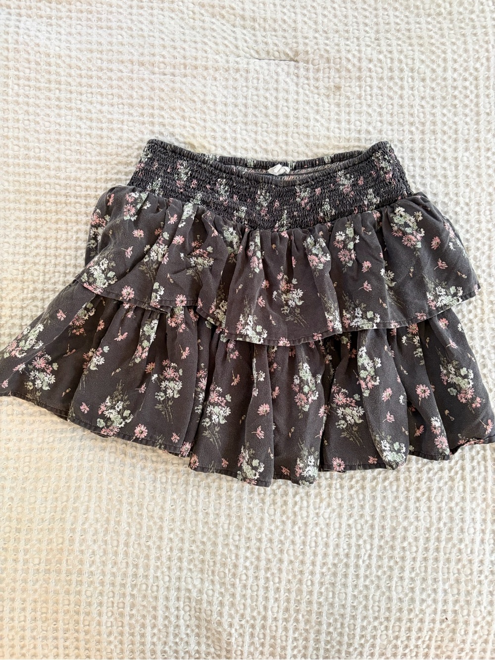Aerie Floral Tiered Ruffle mini Skirt - Black with Pink & Cream Flowers
